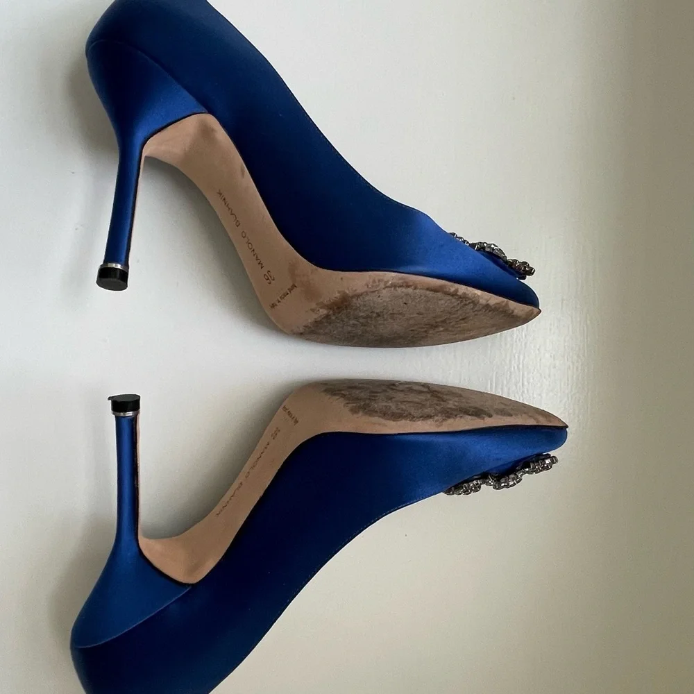 Manolo Blahnik Hangisi Blue Satin Jewel Pumps - Picture 8 of 13